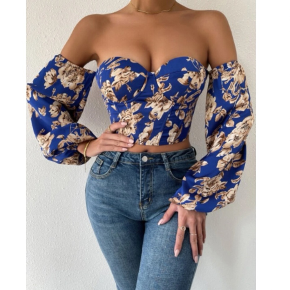 Boho blue floral print lace up back satin bustier corset tube top - Picture 5 of 6